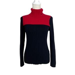 Lauren Ralph Lauren Ribbed Knit Turtleneck Sweater Colorblock Black Red